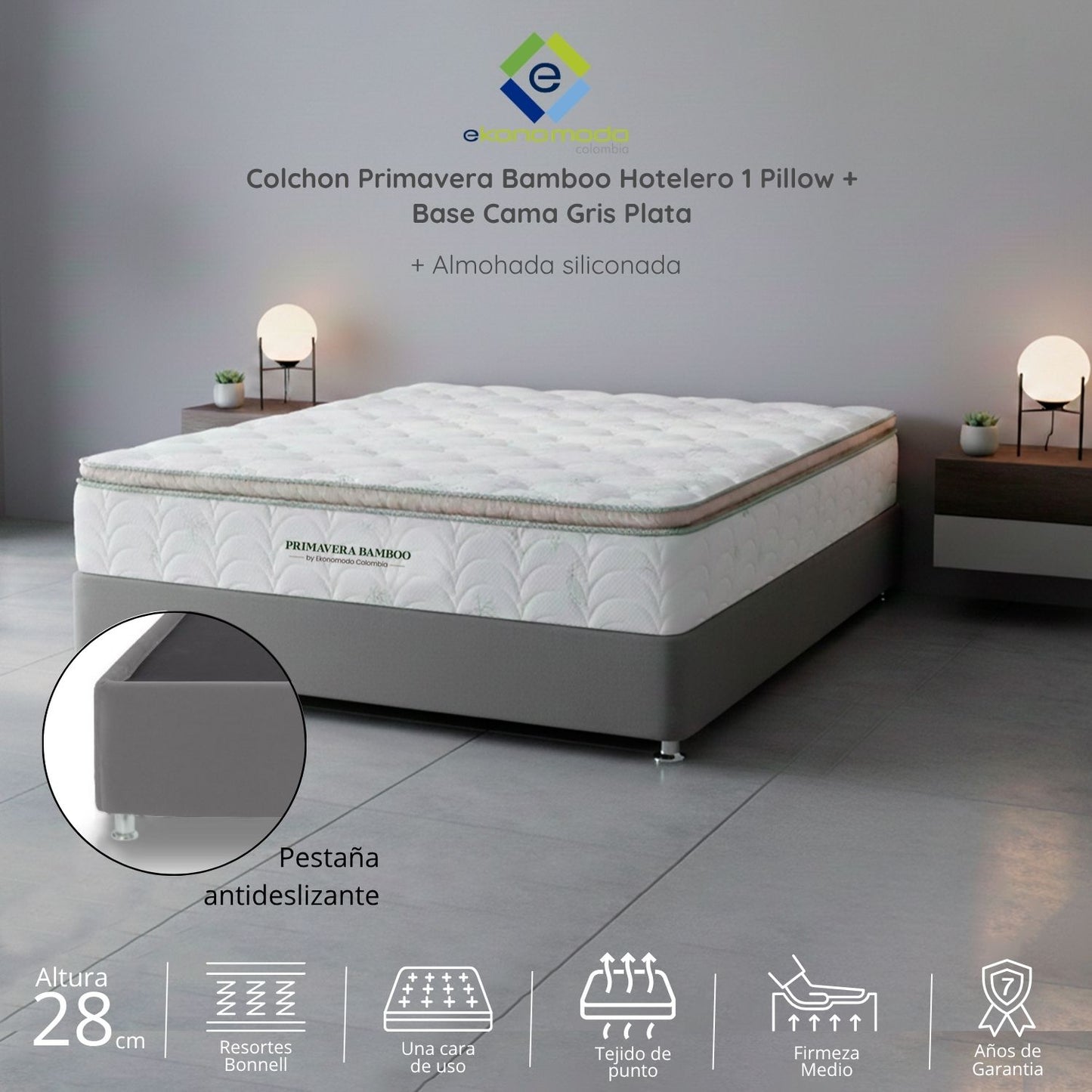 Colchón 1 Pillow King 200x200 Primavera Bamboo + Base Cama Tapizada Tela Premium Gris