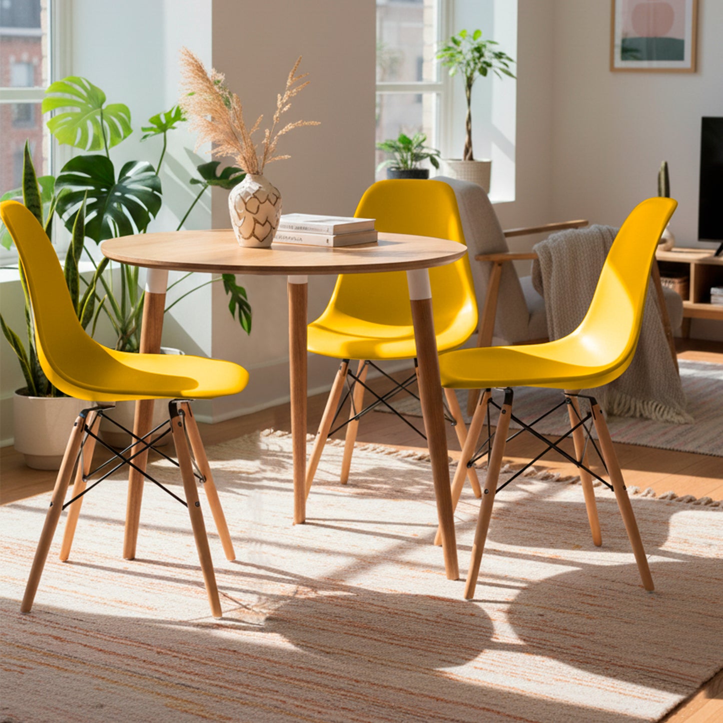Juego de Comedor redondo lizz con 3 Sillas Eames amarillas