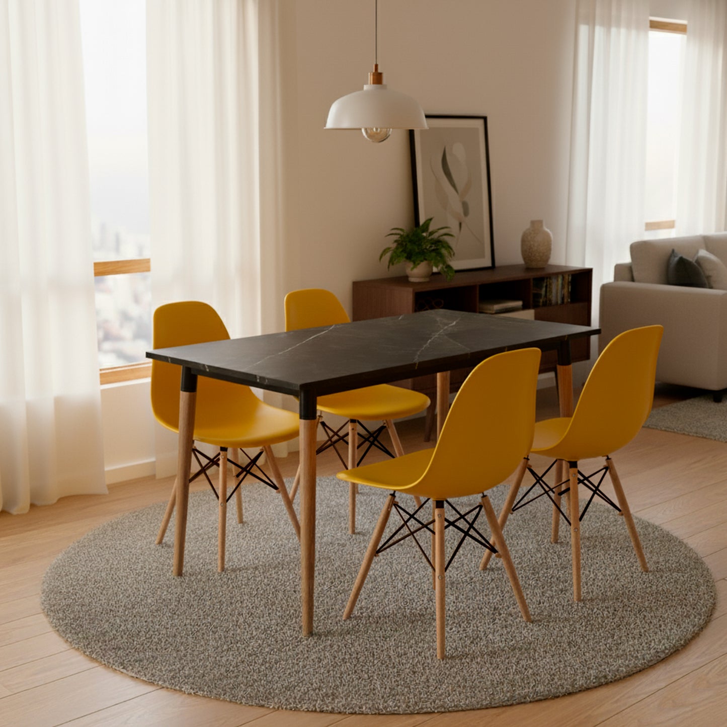 Juego de Comedor Haby negro con 4 Sillas Eames mostaza