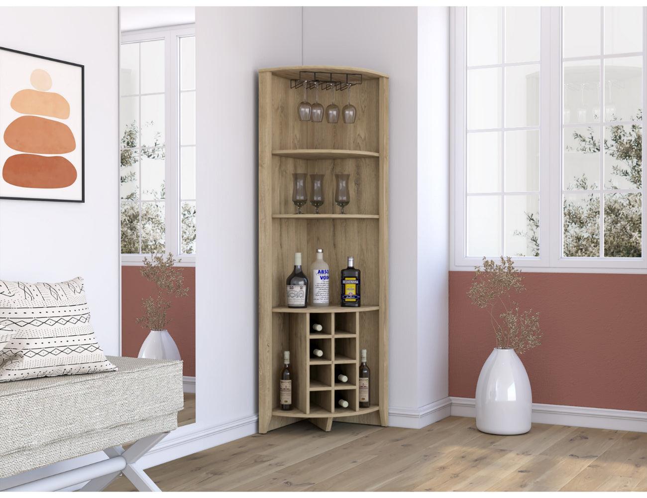Bar Esquinero Minexa, Macadamia, Con Espacio Para Ocho Botellas Y Tres Entrepaños