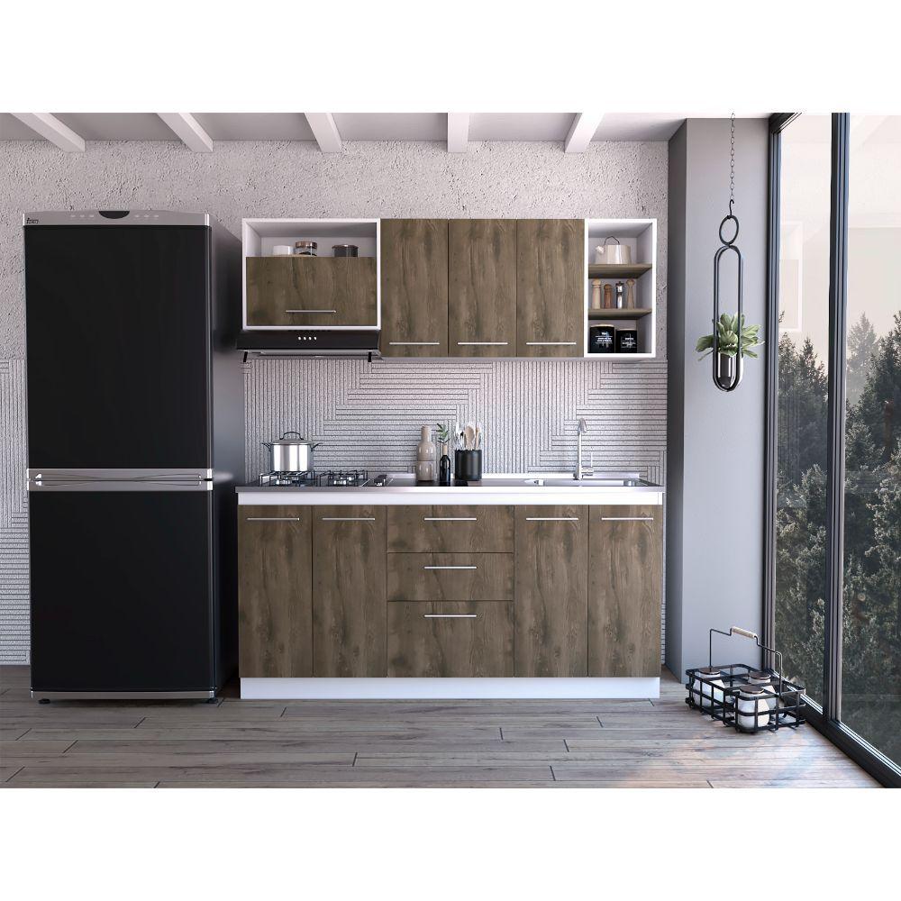 Cocina Integral Zuneya Nogal Y Blanco Con  Mesón Derecho