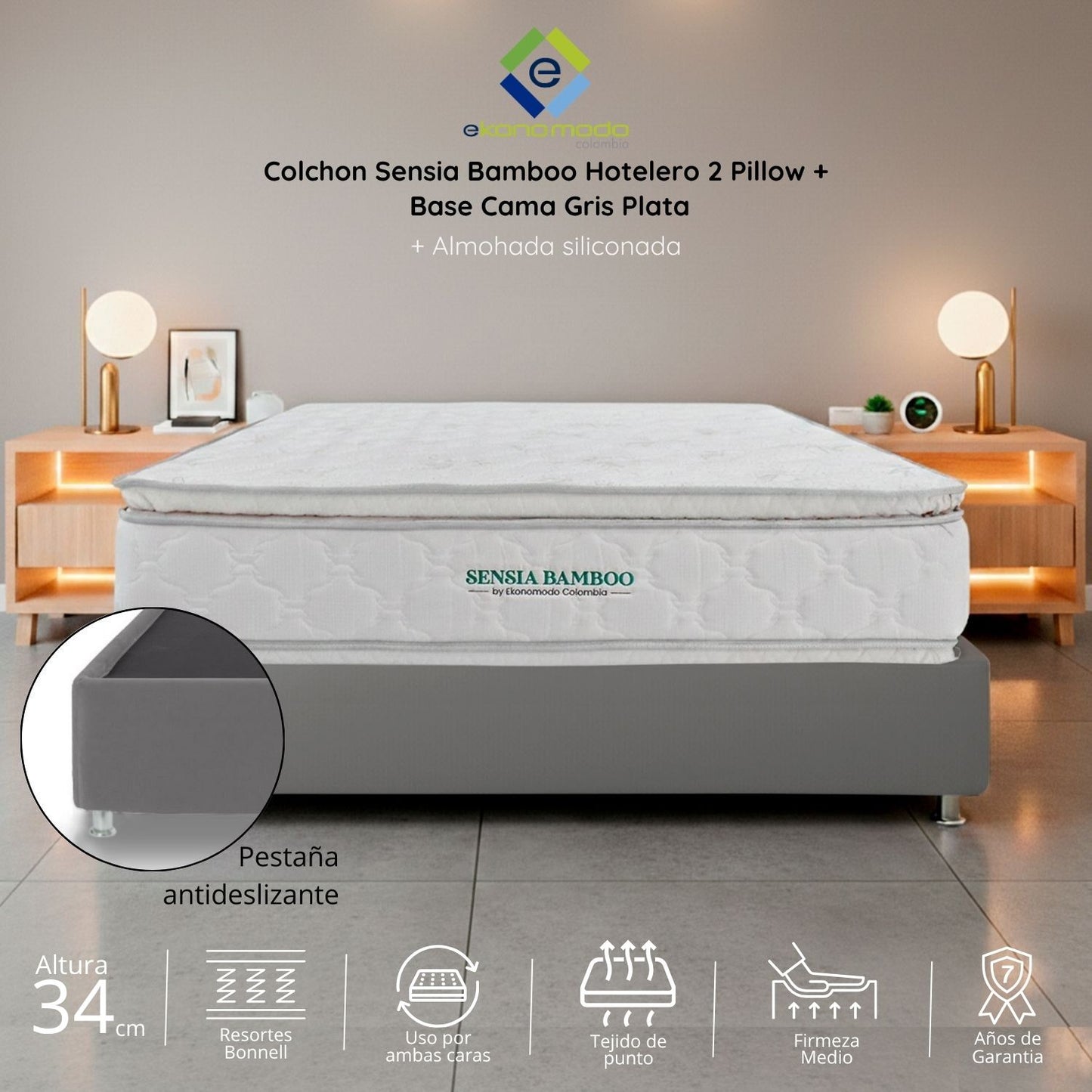 Colchón 2 Pillow Sencillo 100x190 Sensia Bamboo + Base Cama Tapizada Tela Premium Gris
