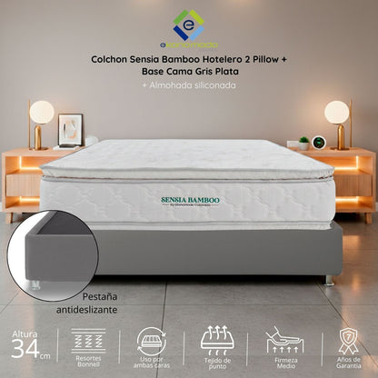 Colchón 2 Pillow King 200x200 Sensia Bamboo + Base Cama Tapizada Tela Premium Gris