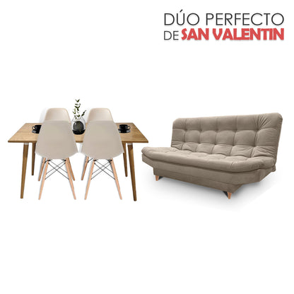 Comedor Robledo con 4 Sillas Eames Arena + Sofa Cama Zou Taupe