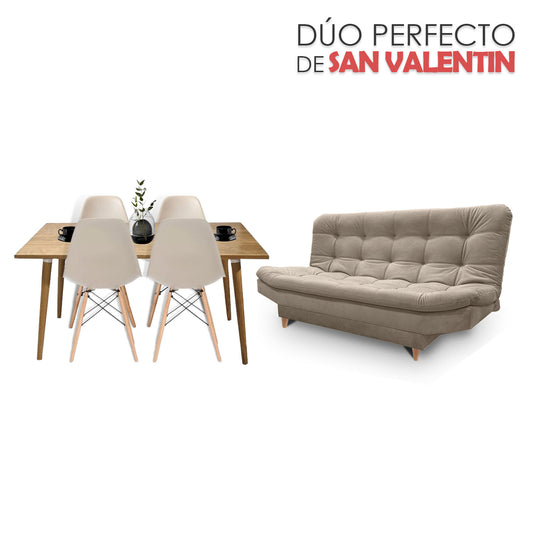 Comedor Robledo con 4 Sillas Eames Arena + Sofa Cama Zou Taupe