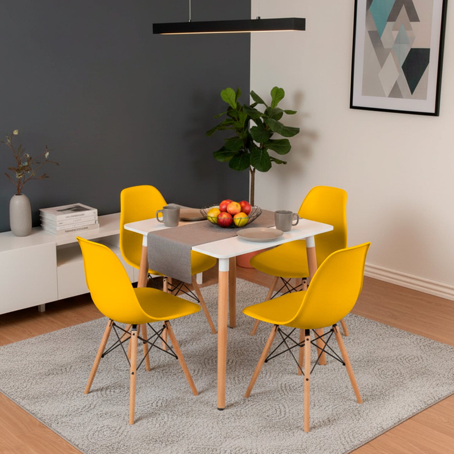 Juego de Comedor White cuadrada con 4 Sillas Eames amarillas