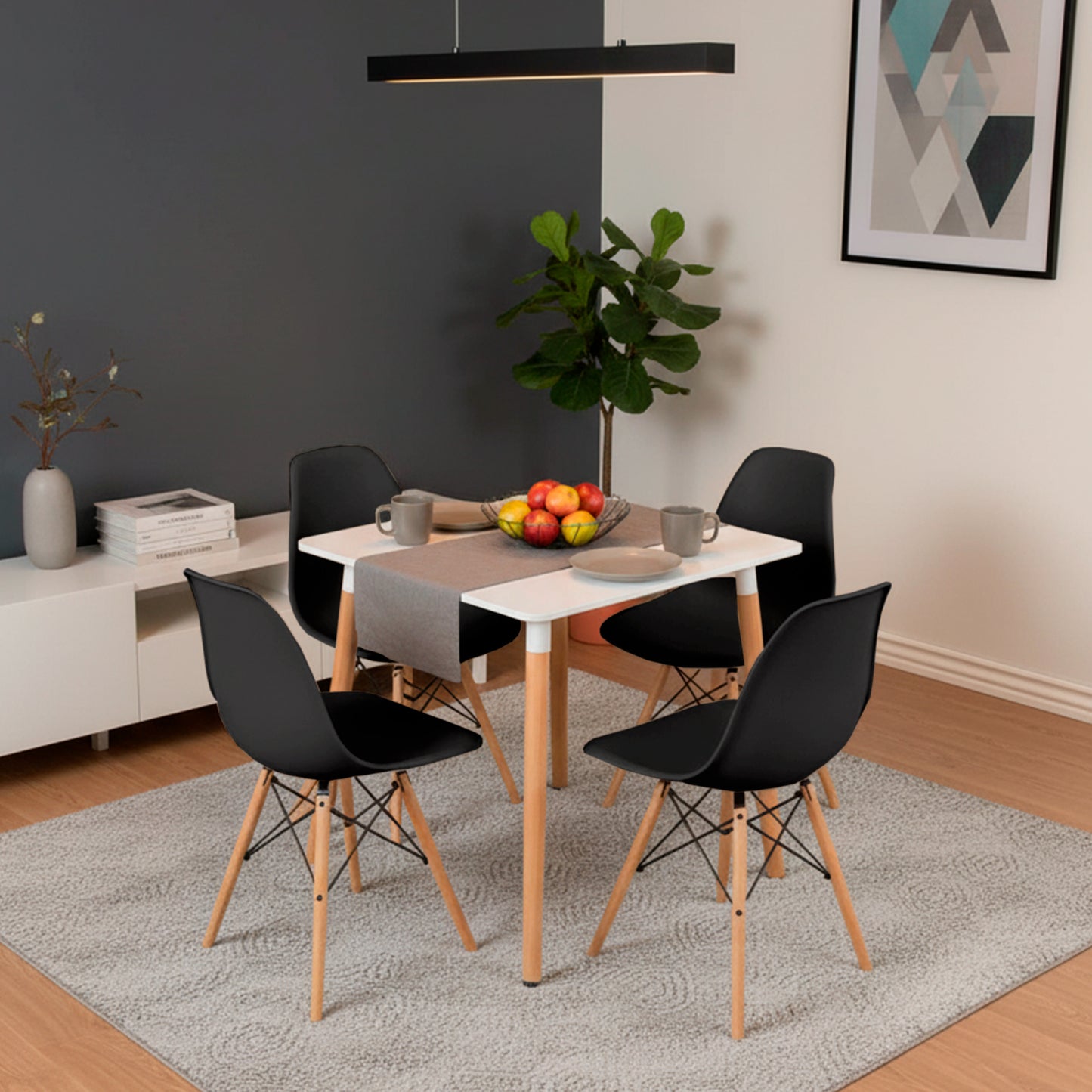 Juego de Comedor White cuadrada con 4 Sillas Eames negras