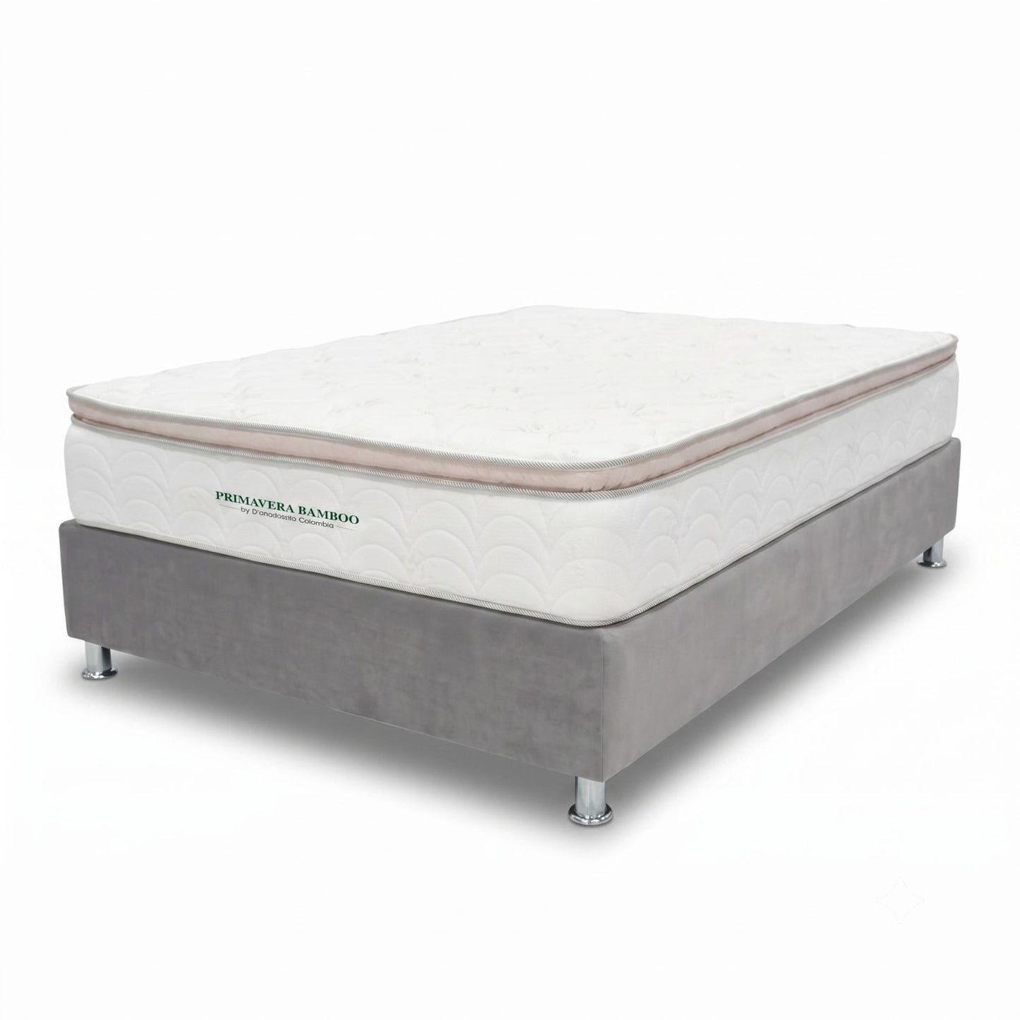 Colchón 1 Pillow Sencillo 100x190 Primavera Bamboo + Base Cama Tapizada Tela Premium Gris