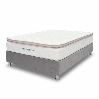Colchón 1 Pillow Sencillo 100x190 Primavera Bamboo + Base Cama Tapizada Tela Premium Gris