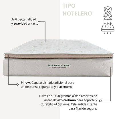 Colchón 1 Pillow Sencillo 100x190 Primavera Bamboo + Base Cama Tapizada Tela Premium Gris