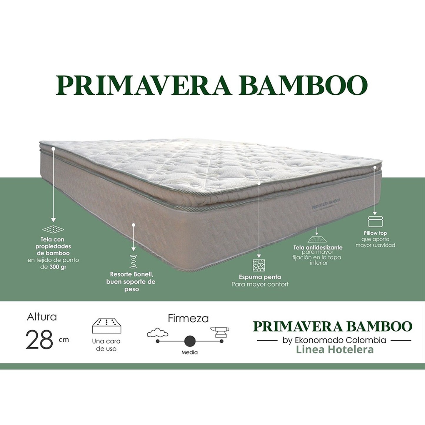 Colchón 1 Pillow Sencillo 100x190 Primavera Bamboo + Base Cama Tapizada Tela Premium Gris