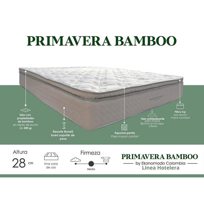Colchón 1 Pillow Doble 140x190 Primavera Bamboo + Base Cama Tapizada Tela Premium Gris