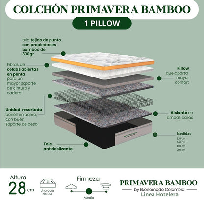 Colchón 1 Pillow Sencillo 100x190 Primavera Bamboo + Base Cama Tapizada Tela Premium Gris