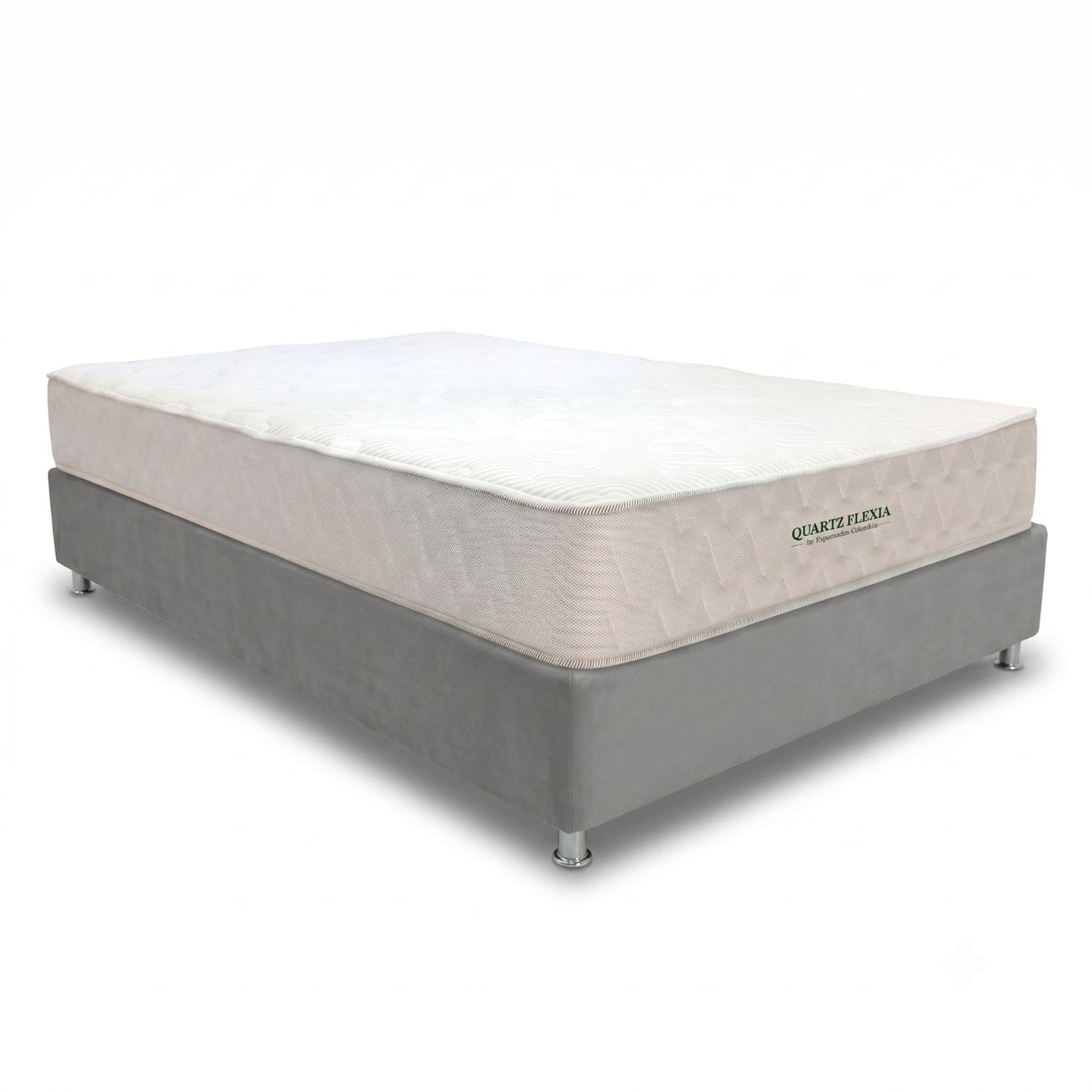 Colchón Firmeza Media Sencillo 100x190 Quartz Flexia + Base Cama Tapizada Tela Premium Gris