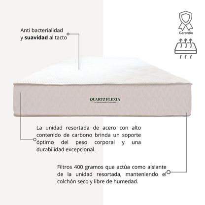 Colchón Firmeza Media Sencillo 100x190 Quartz Flexia + Base Cama Tapizada Tela Premium Gris