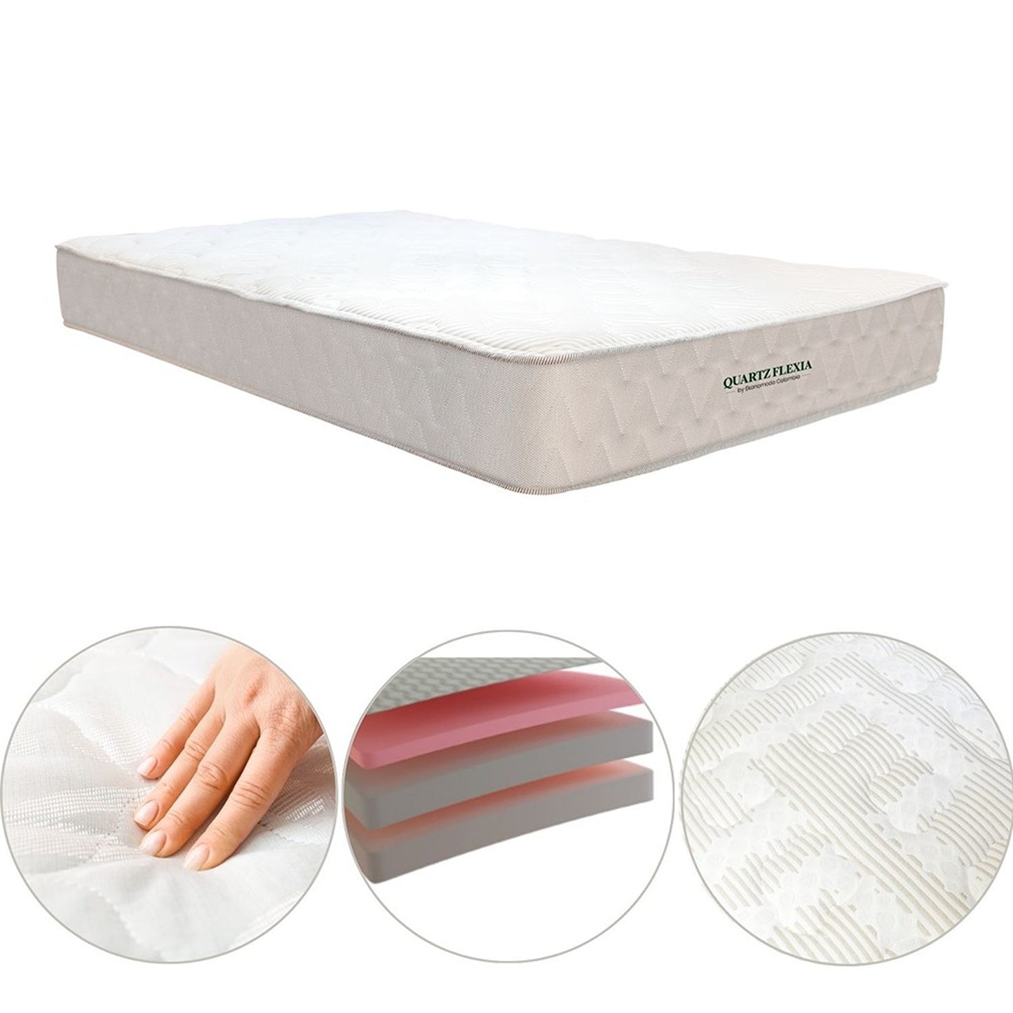 Colchón Firmeza Media Sencillo 100x190 Quartz Flexia + Base Cama Tapizada Tela Premium Gris