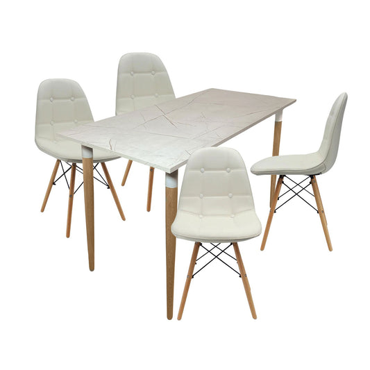 Juego de Comedor Premium Haby con 4 Sillas Eames Botones Blanca