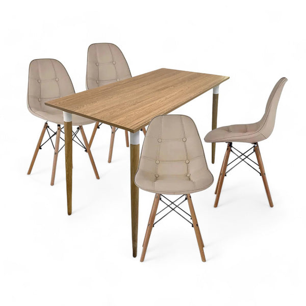 Juego de Comedor Premium Kano con 4 Sillas Eames botones camel