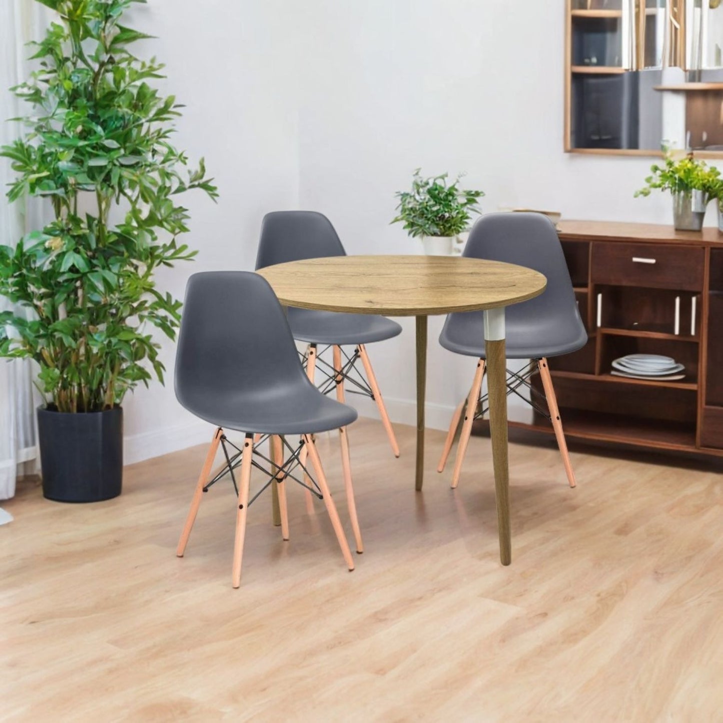 Juego de Comedor redondo lizz con 3 Sillas Eames gris