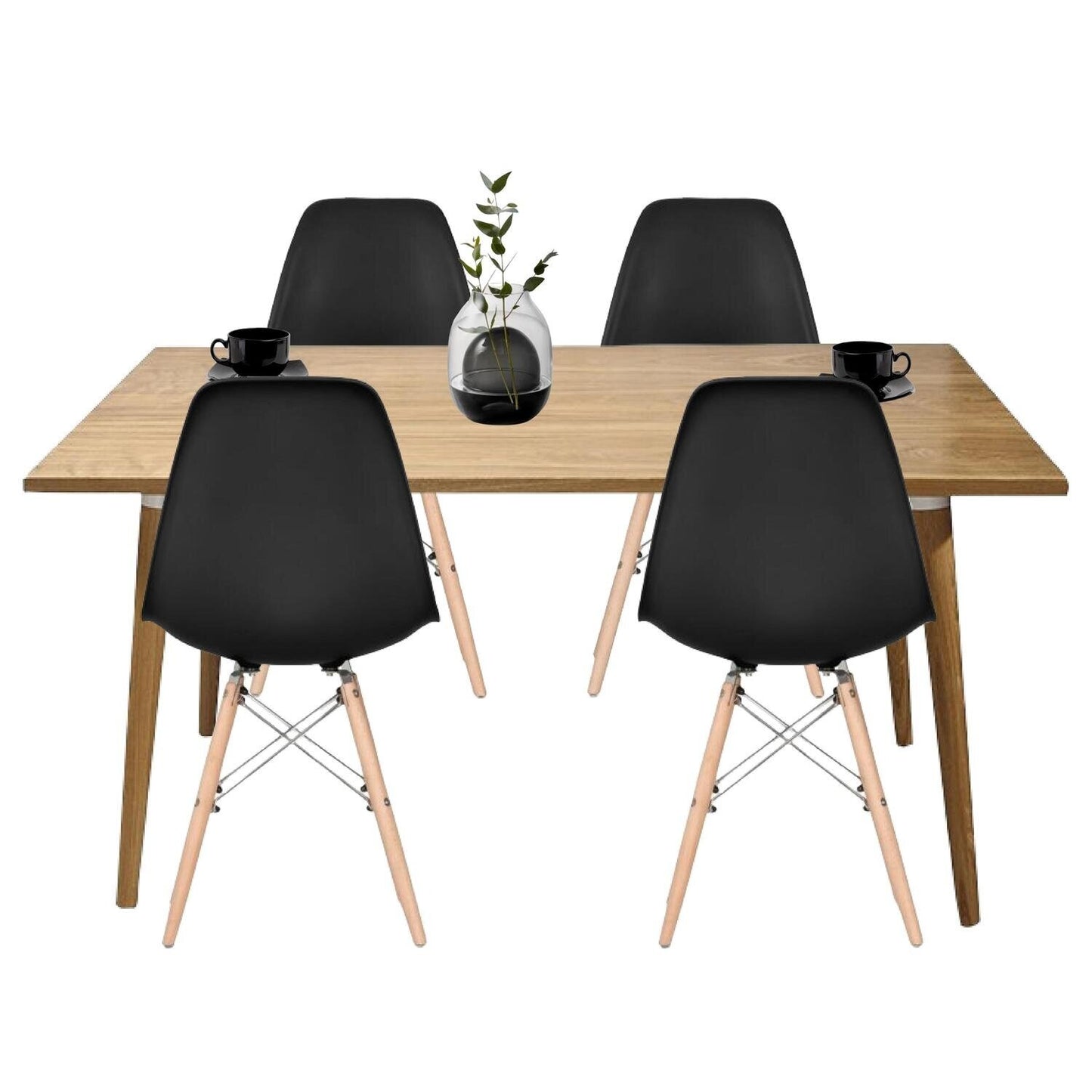 Juego de Comedor Madera Robledo con 4 Sillas Eames negra
