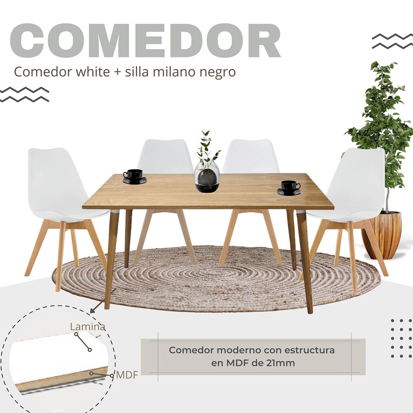Juego de Comedor Madera Robledo con 4 Sillas Milano blanca
