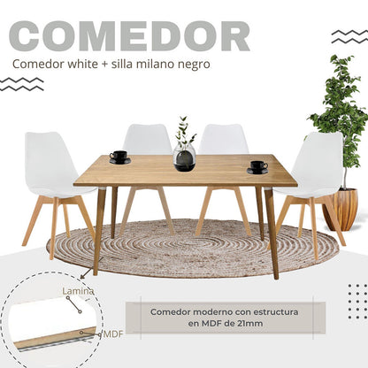 Juego de Comedor Madera Robledo con 4 Sillas Milano blanca