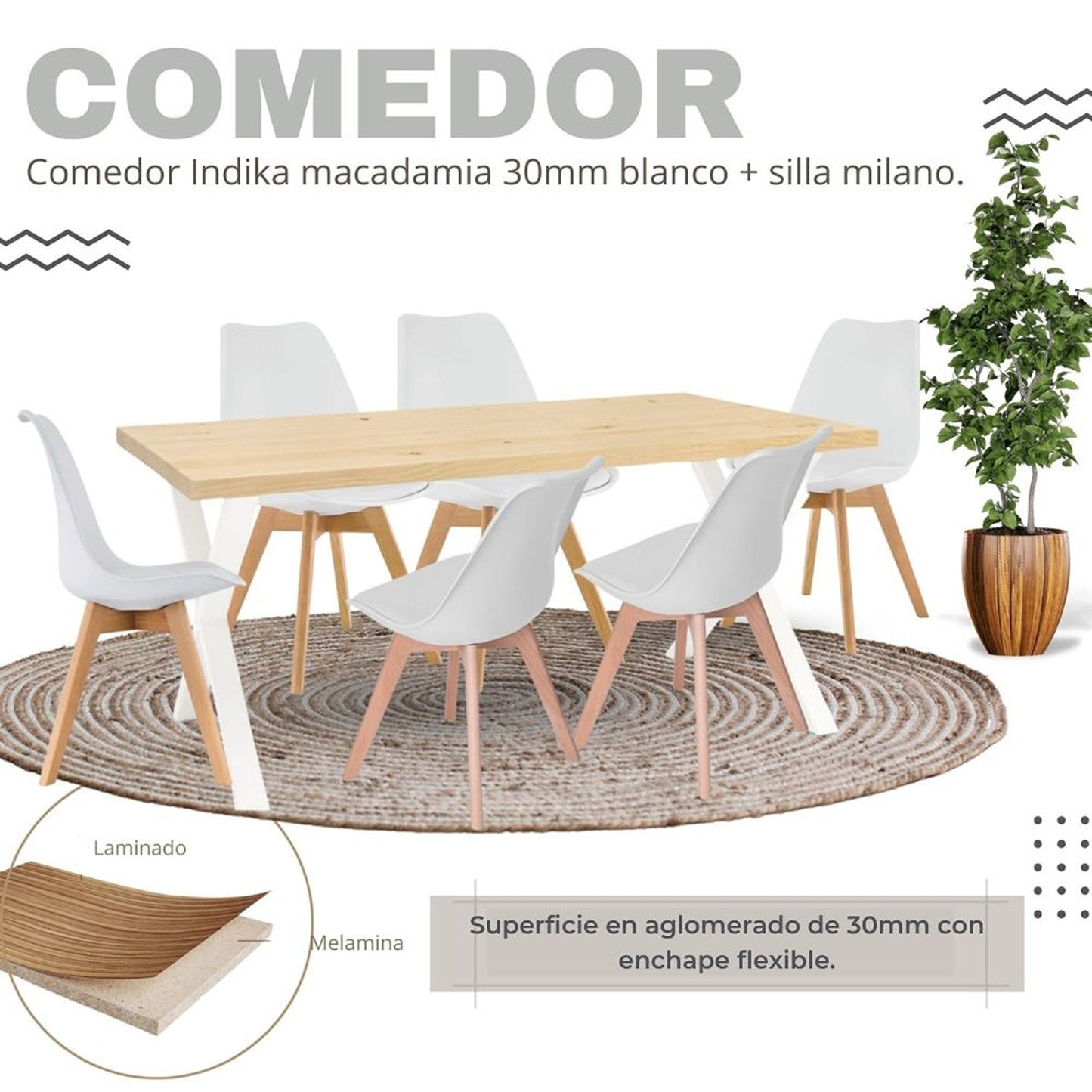 Juego de Comedor Indika macadamia blanco con 6 Sillas Milano blanco