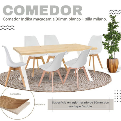 Juego de Comedor Indika macadamia blanco con 6 Sillas Milano blanco