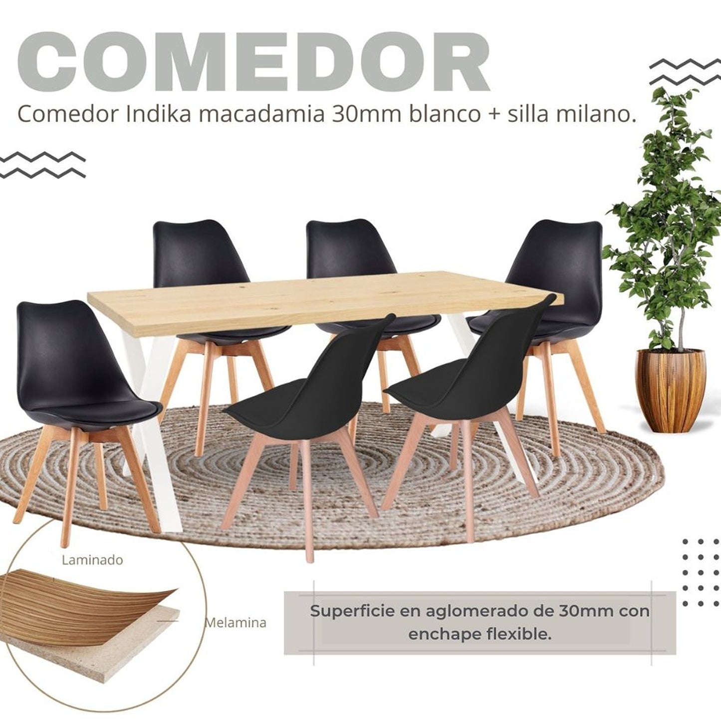 Juego de Comedor Indika macadamia blanco con 6 Sillas Milano negro