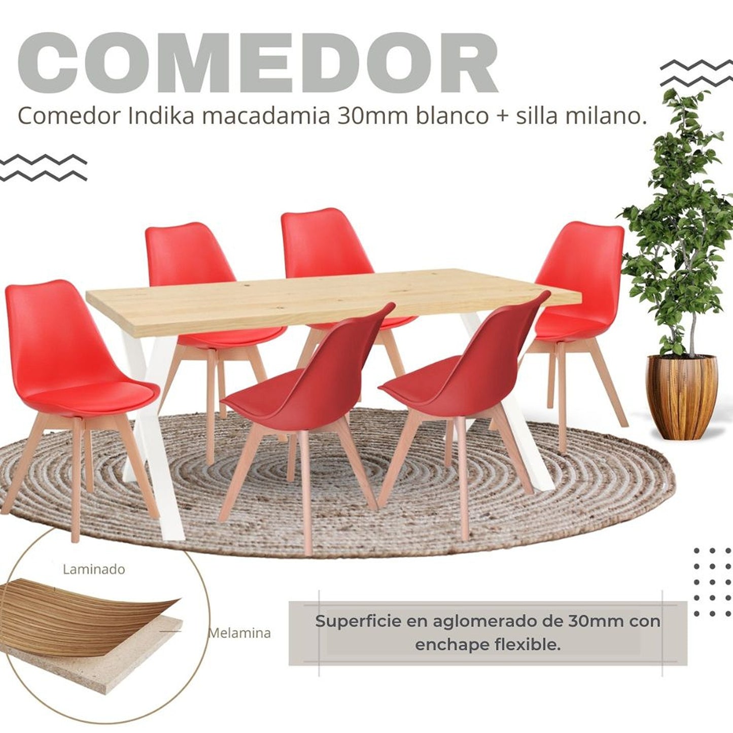 Juego de Comedor Indika macadamia blanco con 6 Sillas Milano rojo