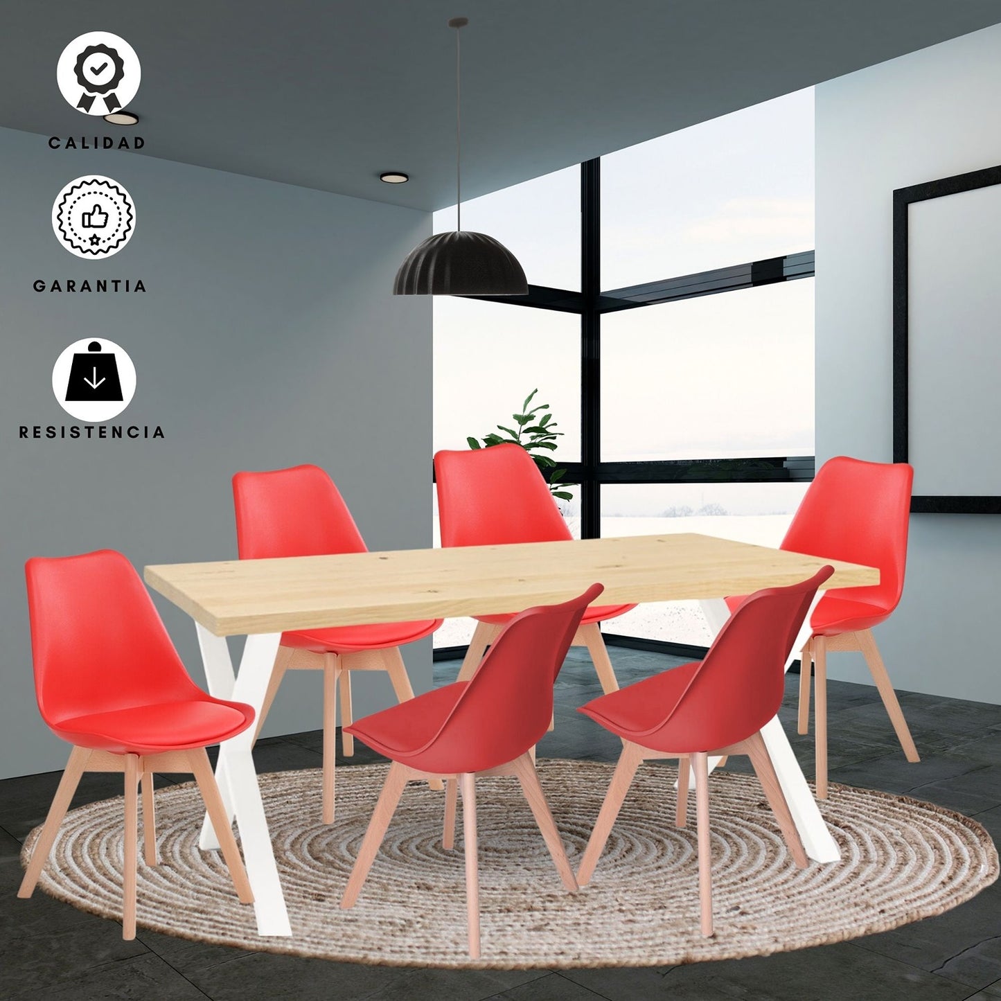 Juego de Comedor Indika macadamia blanco con 6 Sillas Milano rojo
