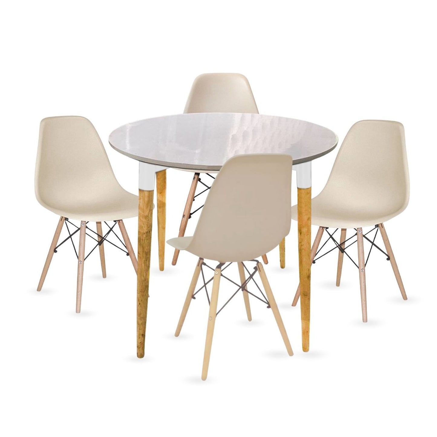Juego de Comedor White redondo con 4 Sillas Eames Beige