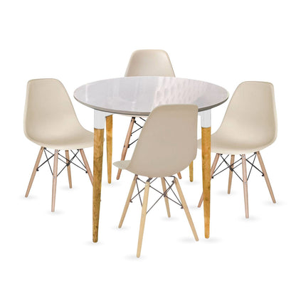 Juego de Comedor White redondo con 4 Sillas Eames Beige