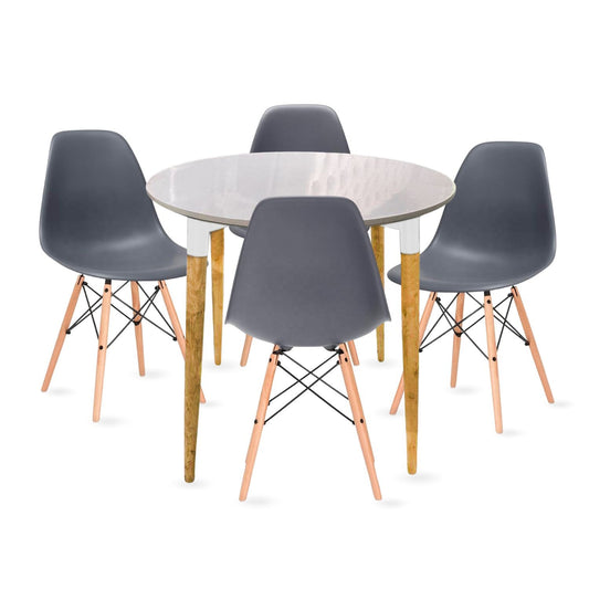Juego de Comedor White redondo con 4 Sillas Eames gris