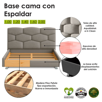 Base Cama con Espaldar + Colchon Queen Esmeralda  gris plata
