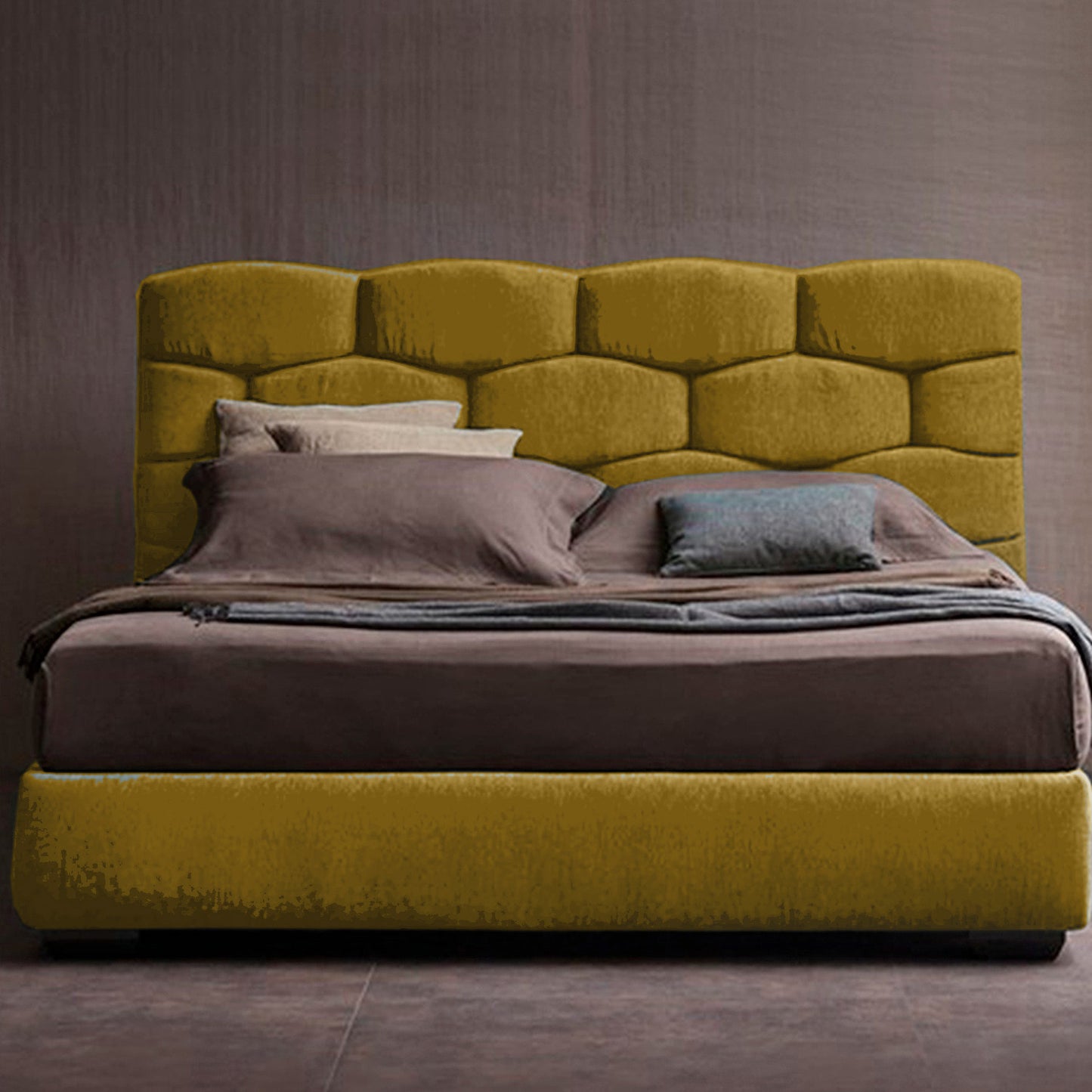 Base Cama con Espaldar + Colchon Doble Esmeralda  mostaza