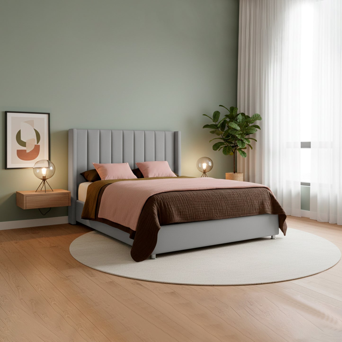 Base Cama con Espaldar + Colchon + Puff Baul Sencillo Julieta  gris perla