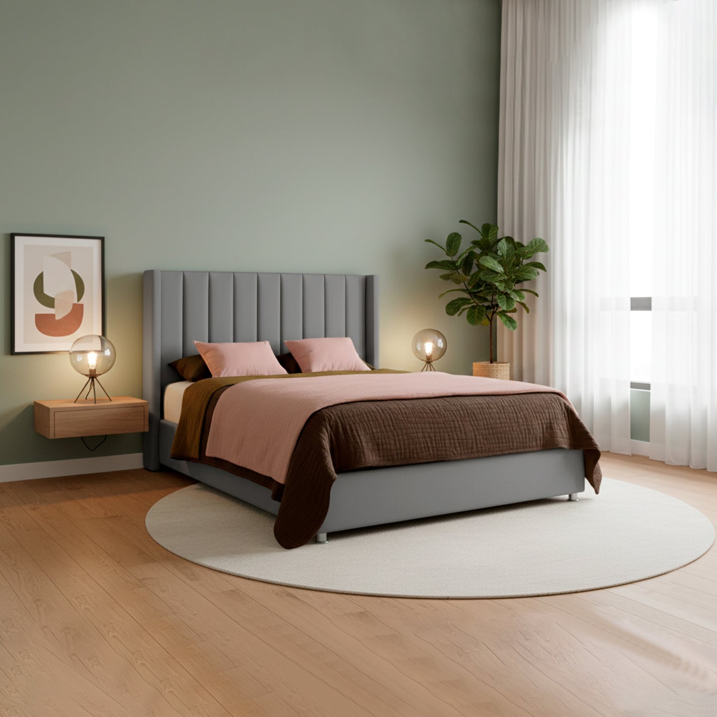 Base Cama con Espaldar + Colchon + Puff Baul Semidoble Julieta  gris plata