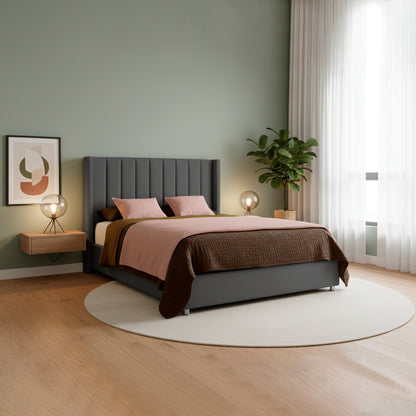 Base Cama con Espaldar + Colchon + Puff Baul King Julieta  gris plomo