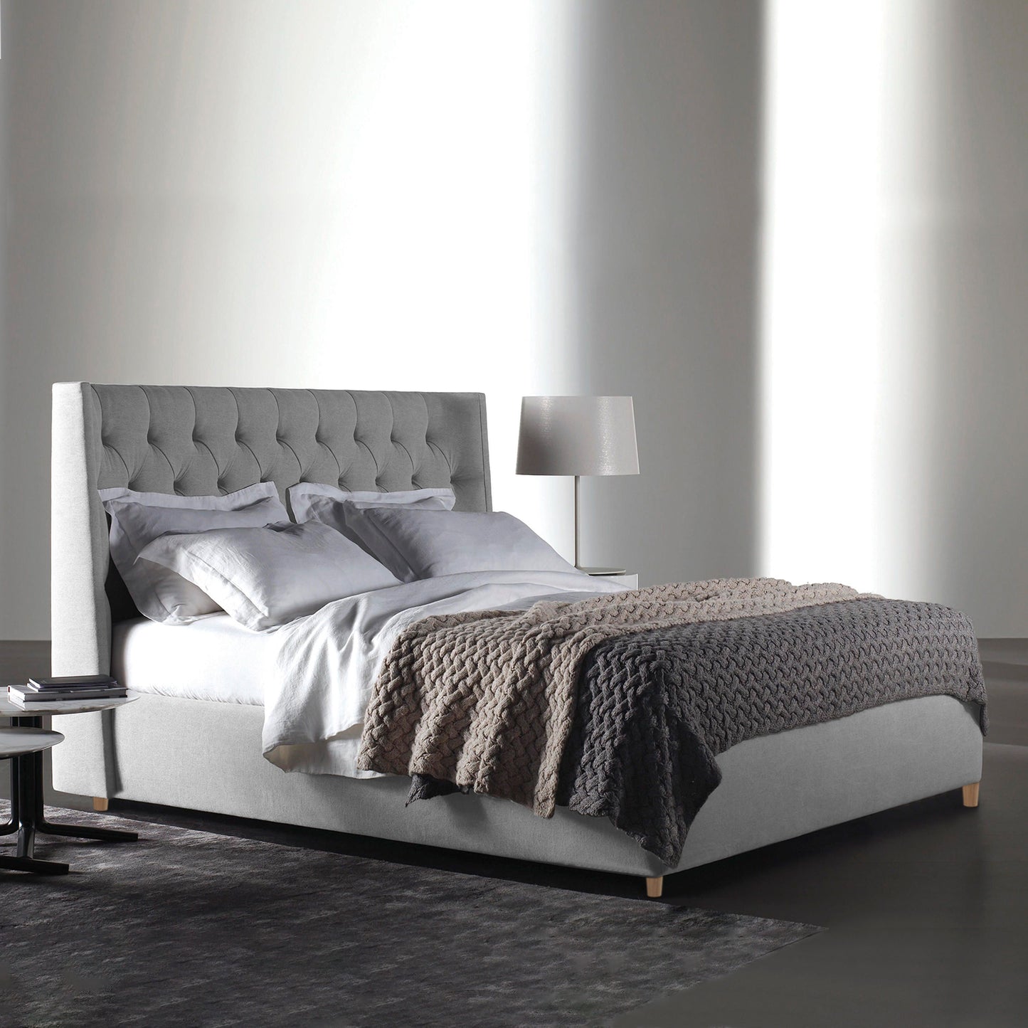 Base Cama con Espaldar + Colchon Queen Marfil  gris perla