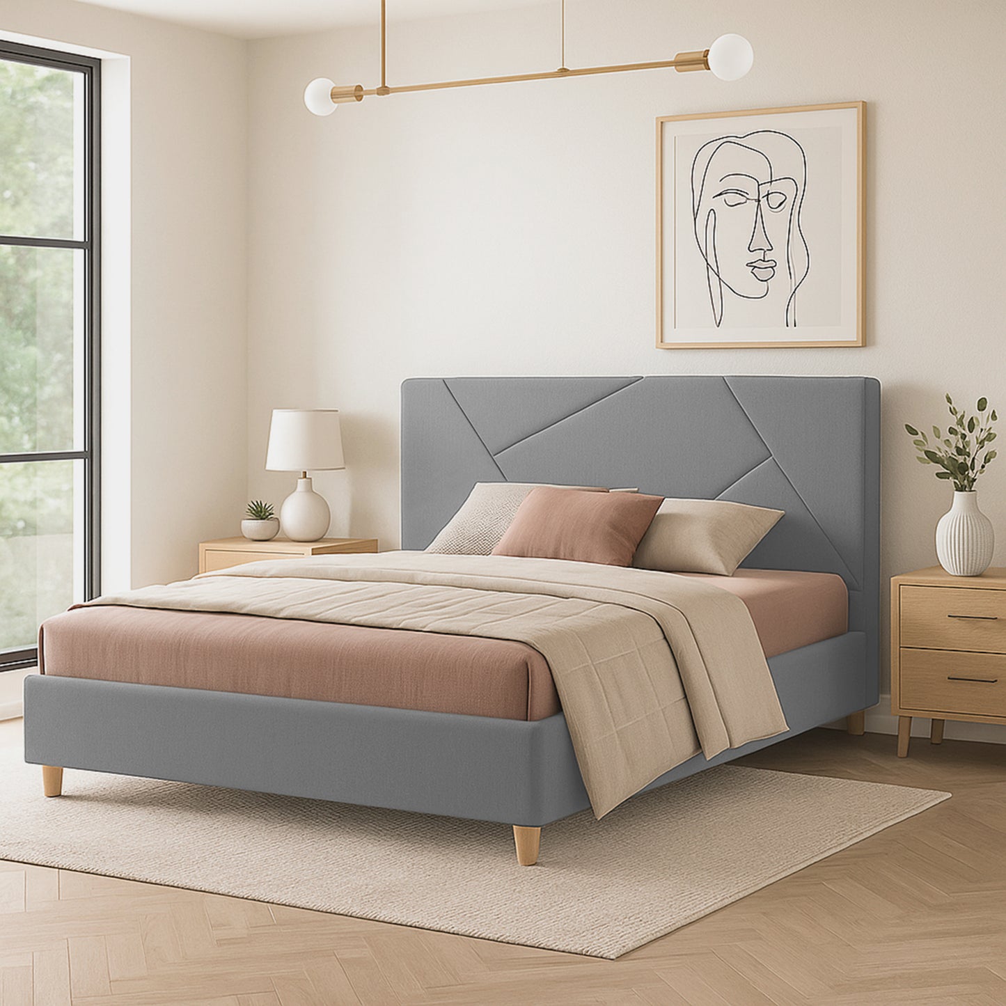 Base Cama Con Espaldar King Hampton Gris Plata