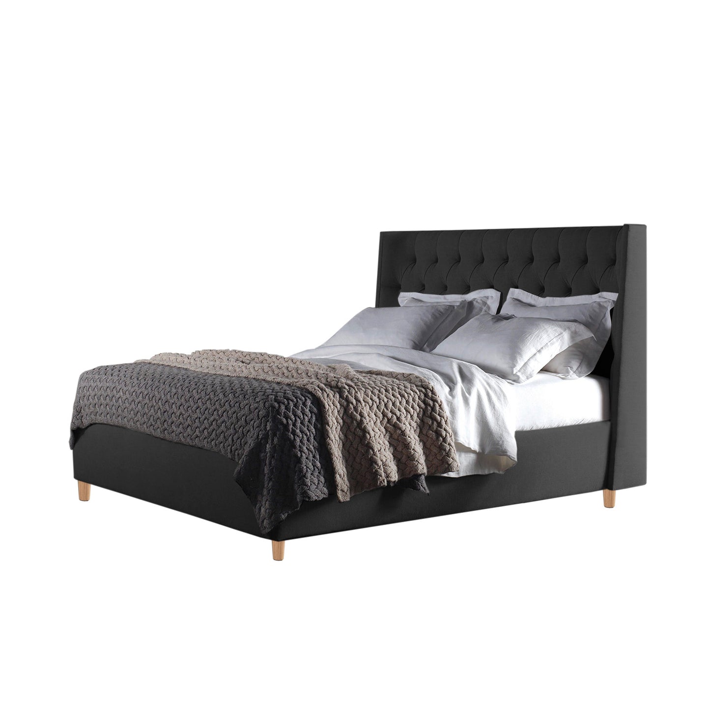 Base Cama con Espaldar + Colchon Queen Marfil  gris plomo