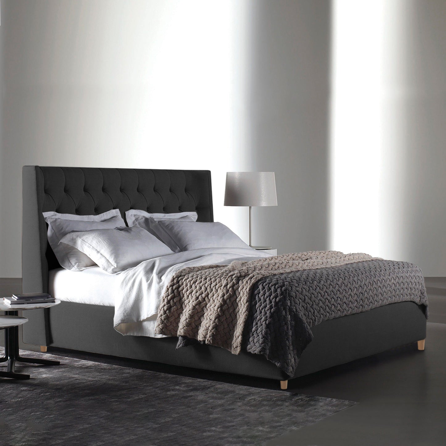 Base Cama con Espaldar + Colchon King Marfil  gris plomo