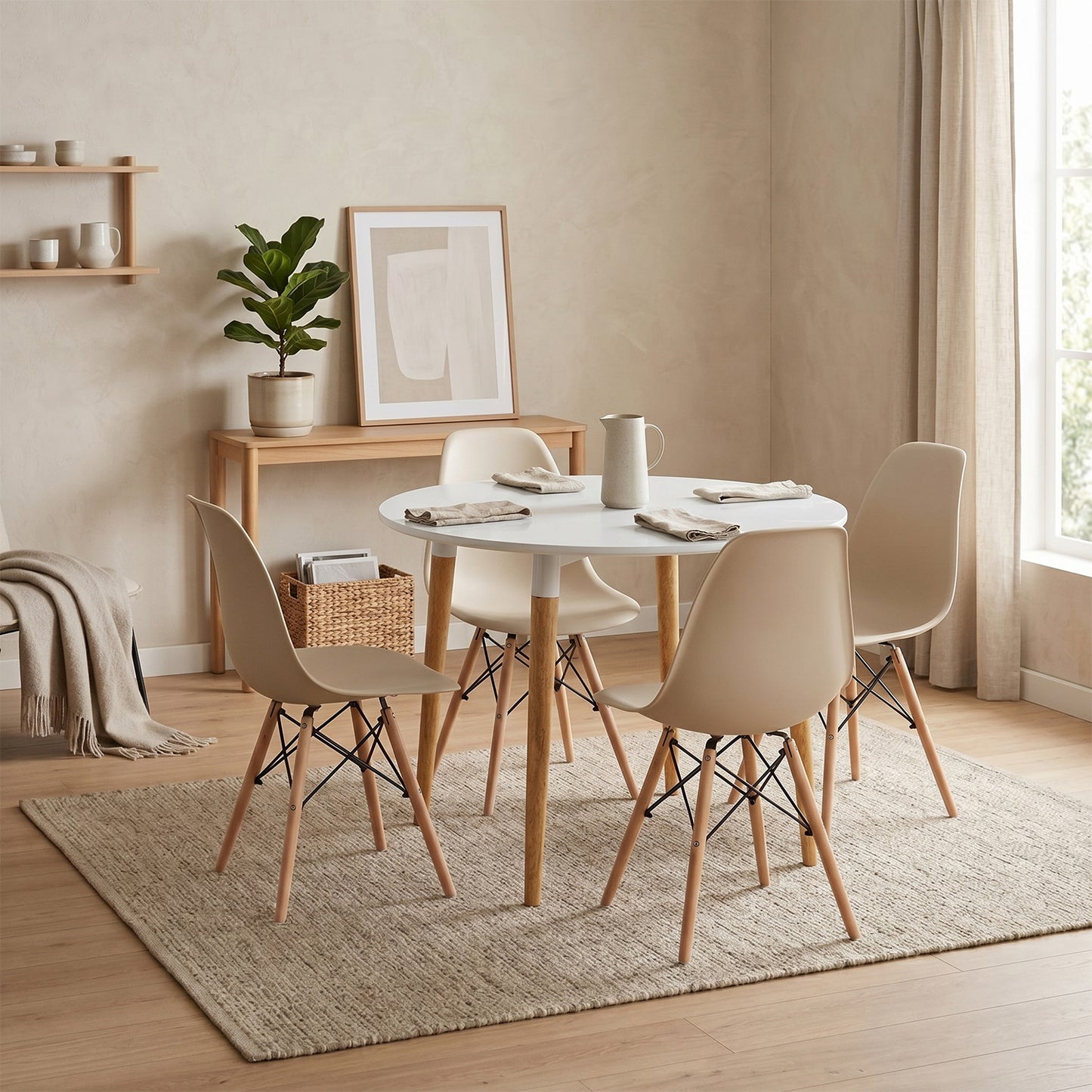 Juego de Comedor White redondo con 4 Sillas Eames Beige