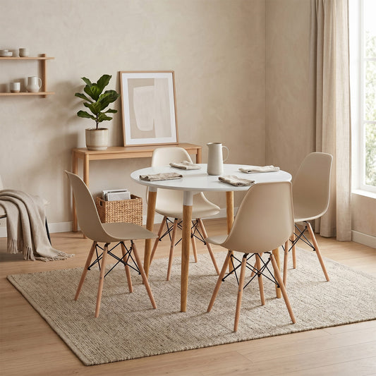 Juego de Comedor White redondo con 4 Sillas Eames Beige