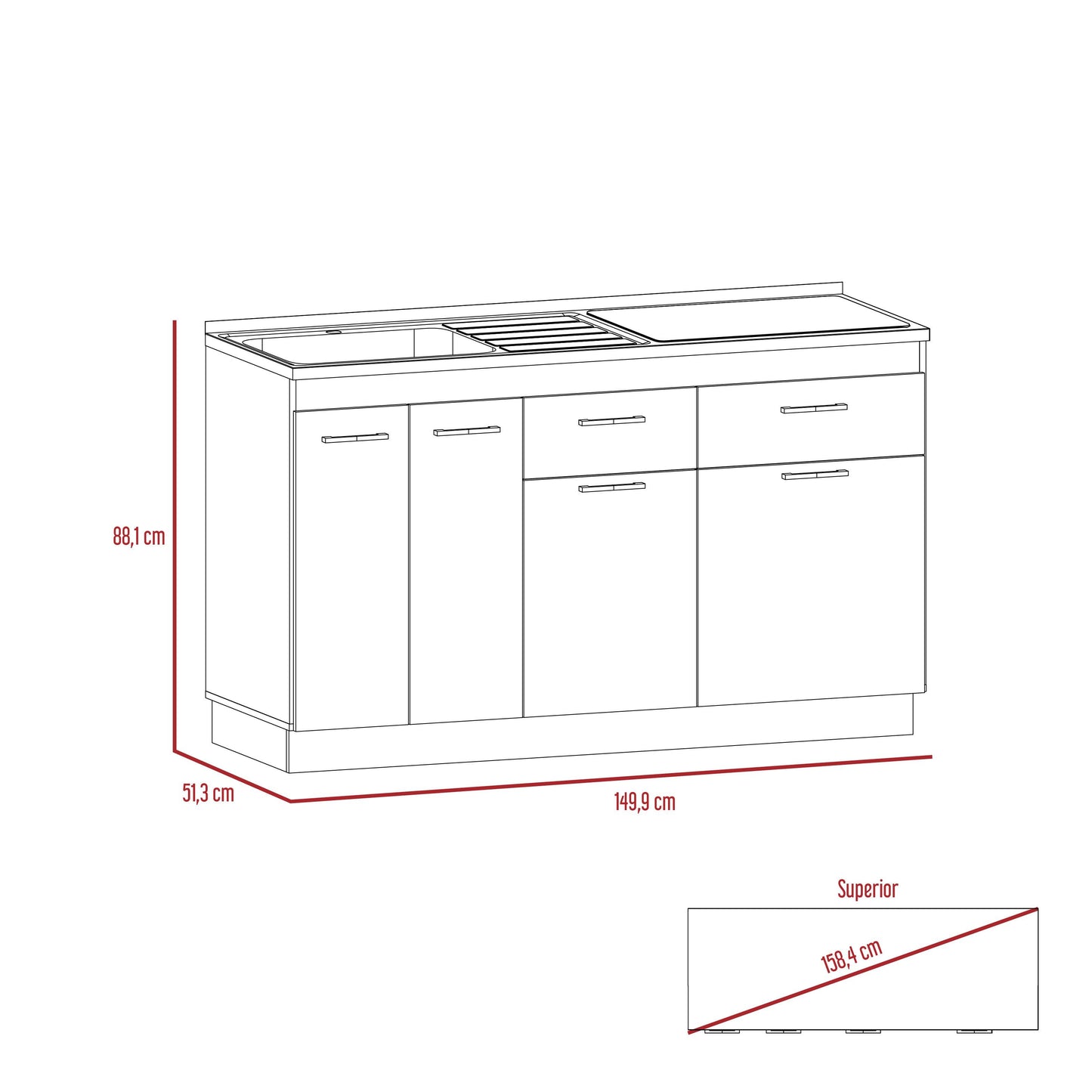 Gabinete Inferior Gelapa Blanco Y Rovere  150 Cm