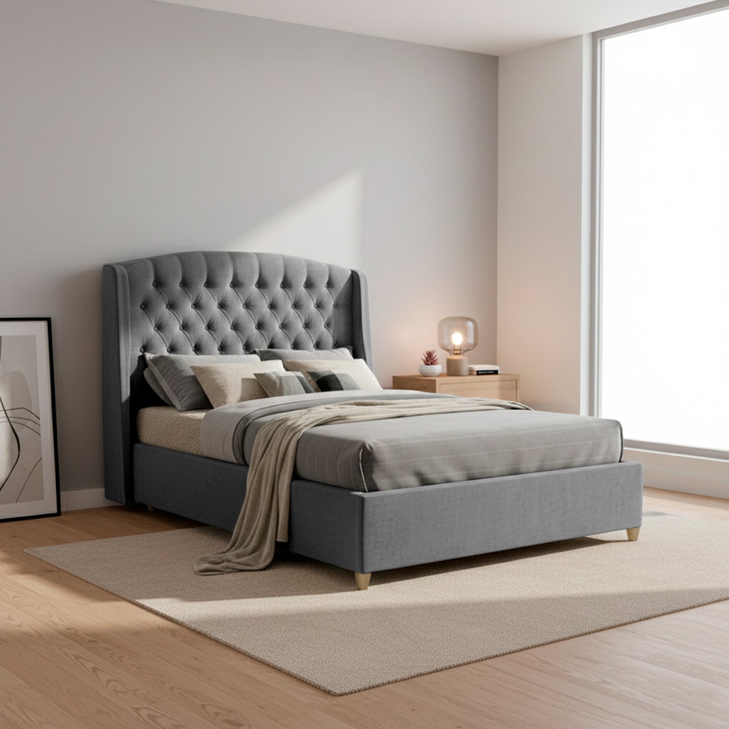 Base Cama con Espaldar + Colchon Queen Italia  gris plata