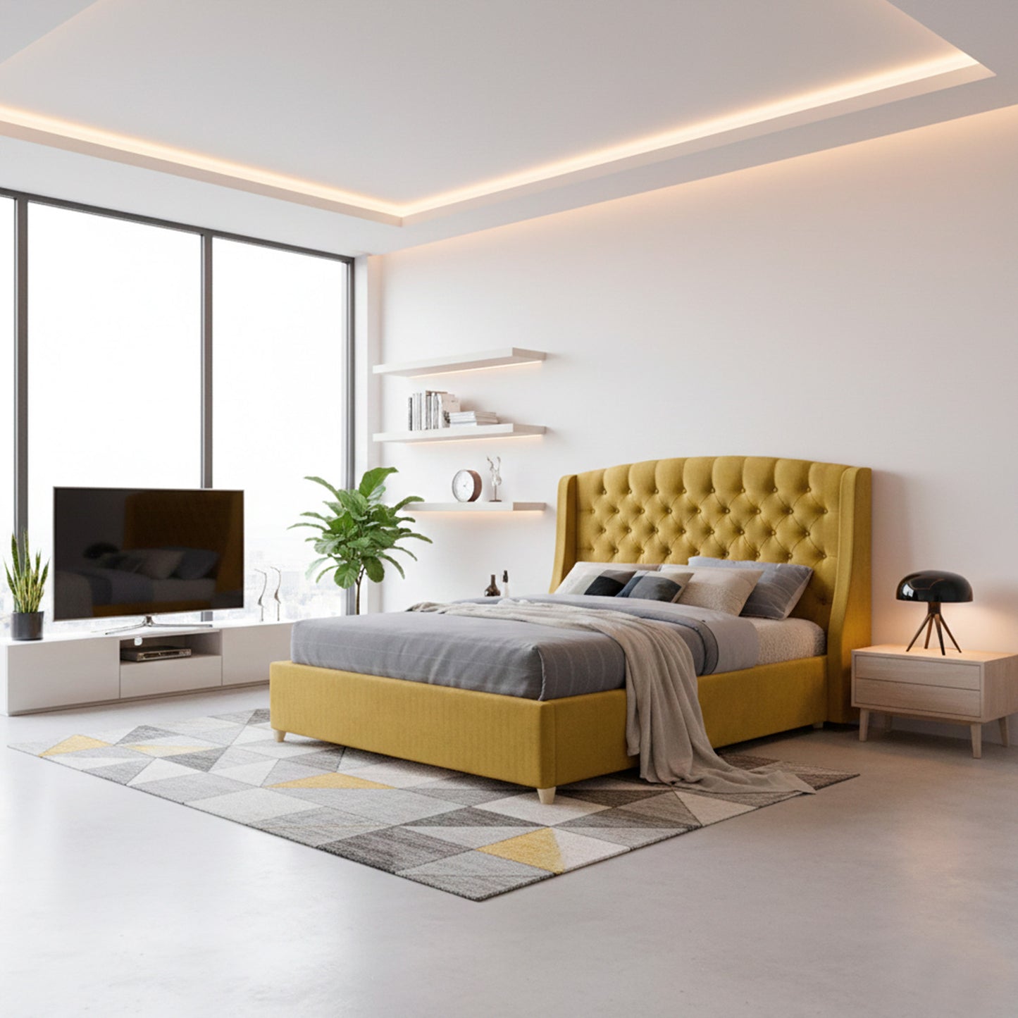 Base Cama Con Espaldar Queen Italia Mostaza