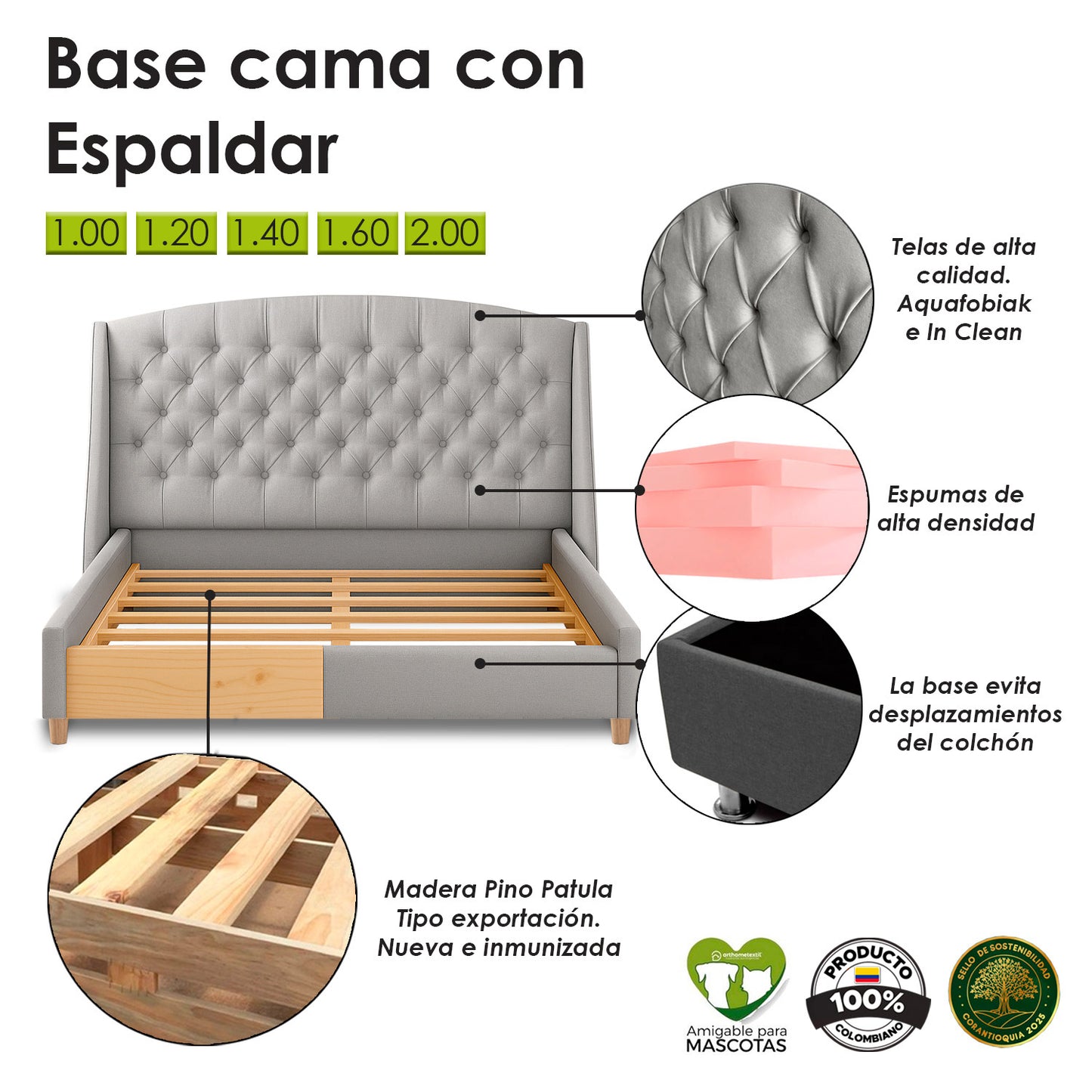 Base Cama con Espaldar + Colchon Queen Italia  gris plata