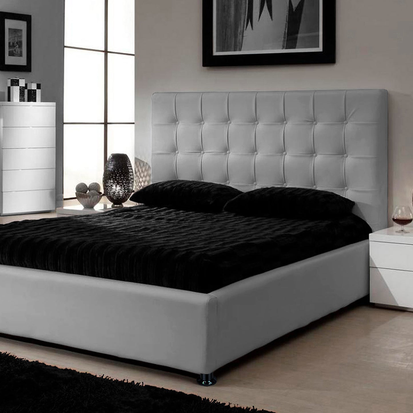 Base Cama con Espaldar + Colchon Semidoble Ilusion  gris perla